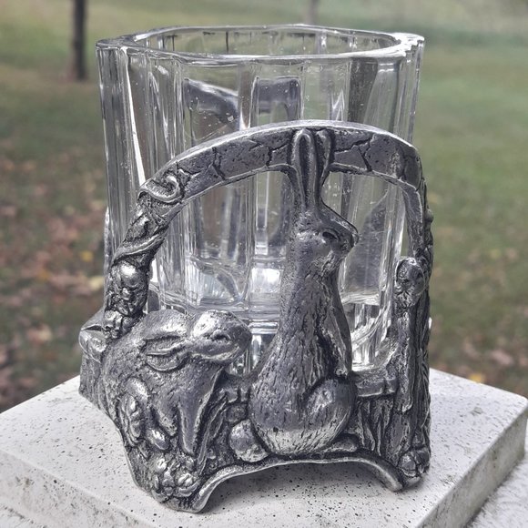 Silver Metal Bunny Rabbit Candle Holder or Trinket Dish Silver Metal Glass Gifts - Picture 5 of 16
